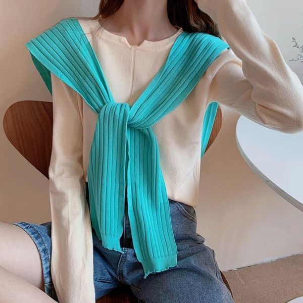 

scarves korean women knit silk fake collar knotted cape sunscreen shawl shoulder summer air conditioning warm neck guard scarf o42, Blue;gray