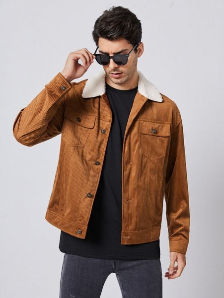 

men borg collar flap pocket corduroy jacket x4wm#, Black;brown