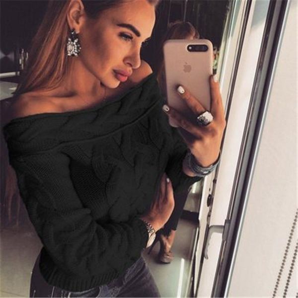 

womens twist strapless sweaters fashion trend long sleeve slash neck knitted pullover designer female winter loose casual sweater, White;black