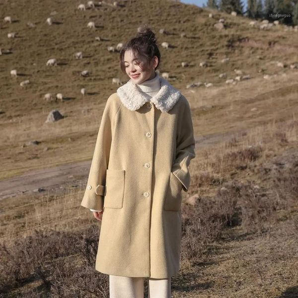 

women's wool & blends plus cotton thickening autumn winter warm mid-length woolen coat female lamb hair sweet doll collar kawaii girl, Black