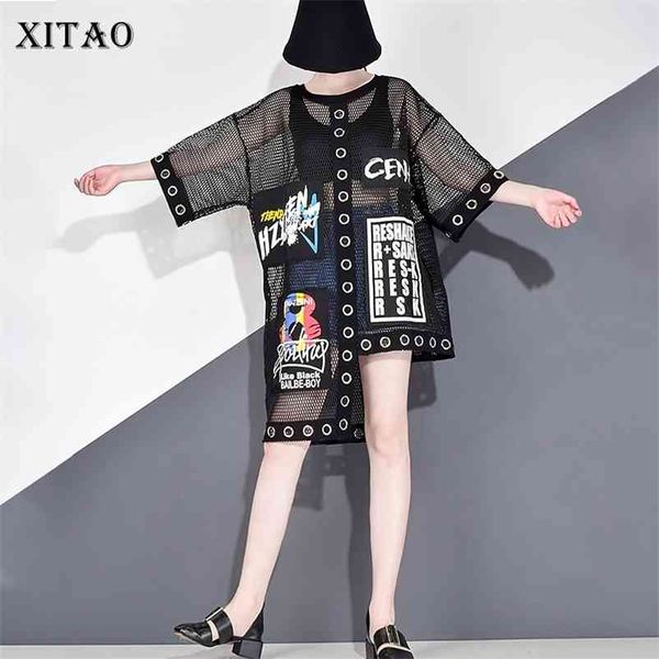 

xitao hollow out splice grid women t shirt summer plus size streetwear korean style clothes print letter black net wbb3401 210320, White