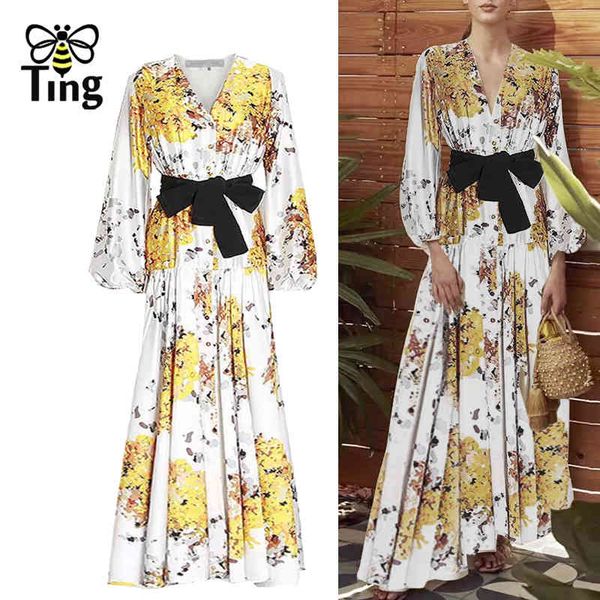 

designer floral printing single breasted women party maxi long dress with sashes lantern sleeve casual fashion robe 210513, Black;gray