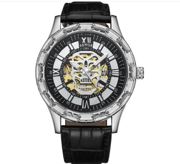 

sewor mechanical watch automatic movement leather belt men's business fashion watches sew11, Slivery;brown