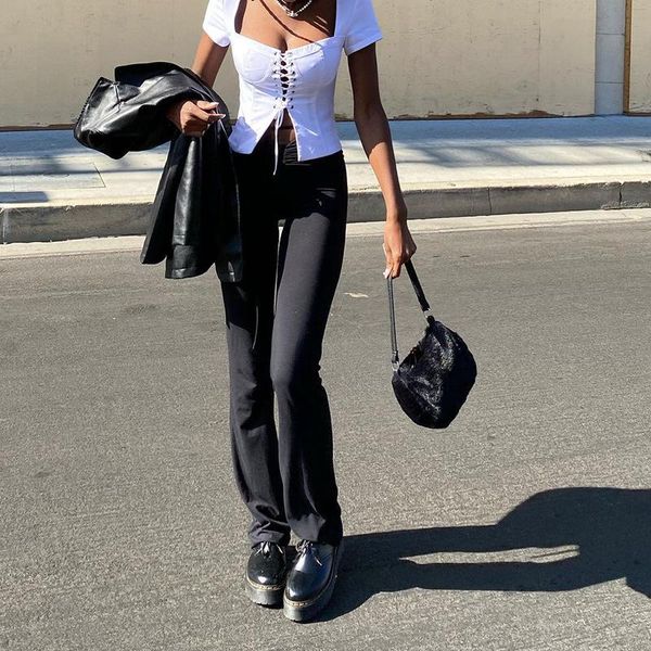 

women's t-shirt elegant bandage short sleeve slim women 2021 style spring summer square collar pullover hollow out tee streetwear, White