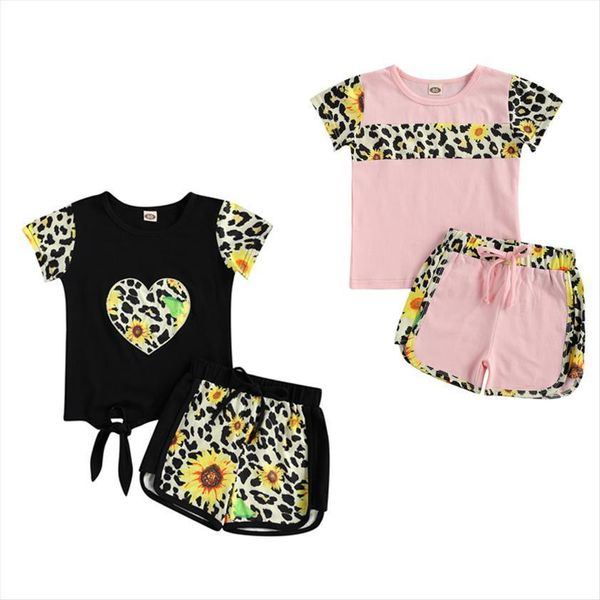 

1 6y summer lovely kids girls clothes sunflowers leopard print short sleeve t shirts shorts 2pcs, White