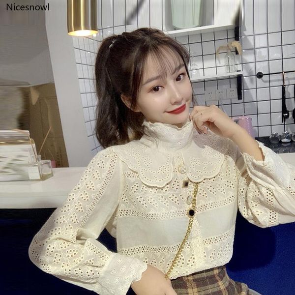 

women's blouses & shirts loose sweet preppy style hollow out turtleneck korean fashion brand women ladies spring autumn moda, White
