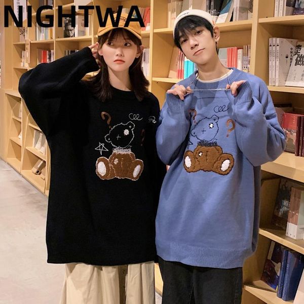 

women's sweaters nightwa couple sweater harajuku fashion knitted hip hop streetwear cartoon bear pullover o-neck oversize casual women, White;black