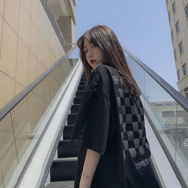 

street fashion brand women's short sleeve t-shirt dark wind country checkerboard check hip hop loose american coupl, White