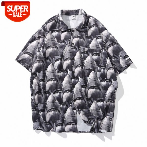 

shark full print retro short-sleeved flower shirt male loose weiyi casual hip-hop short #oq9n, White;black