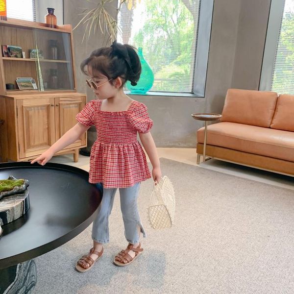 

summer arrival korean style selling cotton plaid bubble sleeve all-match princess sweet shirt for baby girls shirts, White;black