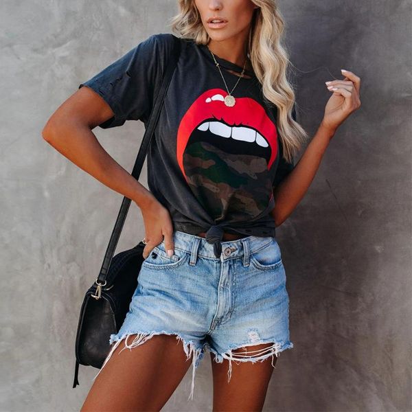 

european and american hole-breaking women's camouflage lip print round collar short-sleeved t-shirt, White