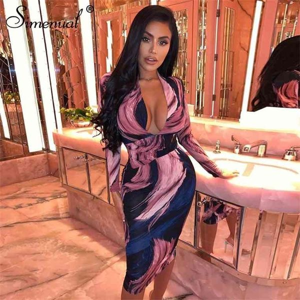 

simenual deep v neck skinny women bodycon dresses print clubwear fashion 2021 long sleeve party midi dress female slim, Black;gray