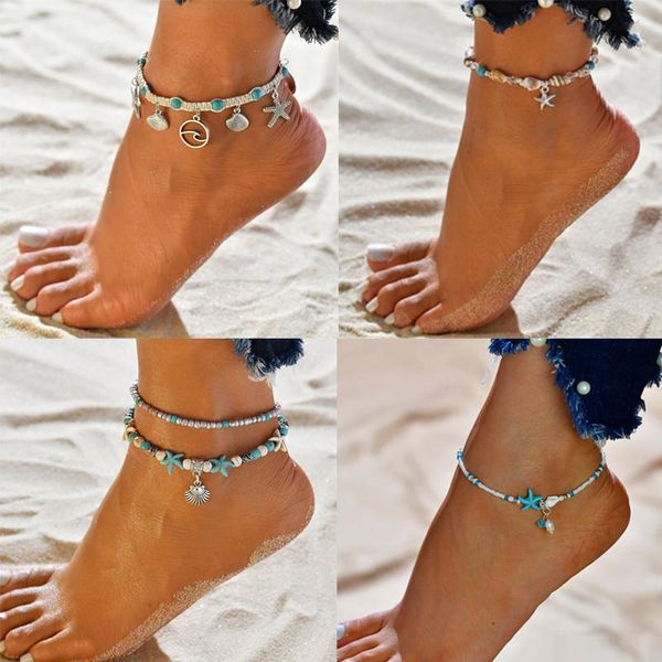 

anklets boho infinity starfish anklet & bracelet imitation pearl multilayer chain ankle braclet for women summer beach blue jewelry, Red;blue