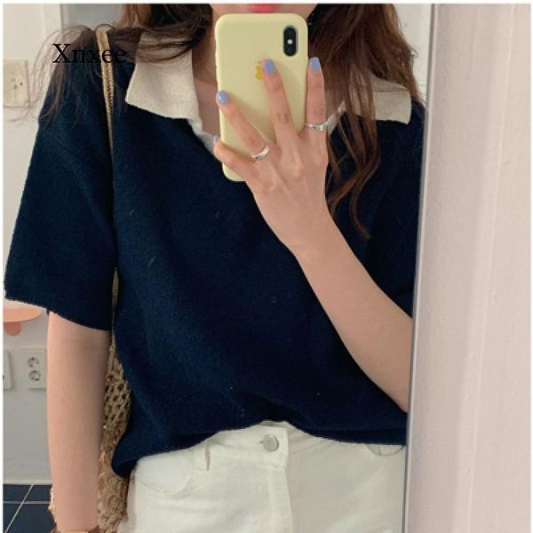 

women's t-shirt summer korean color-blocked knitted t shirts women short sleeve v-neck tees casual fashion office female t-shirts, White