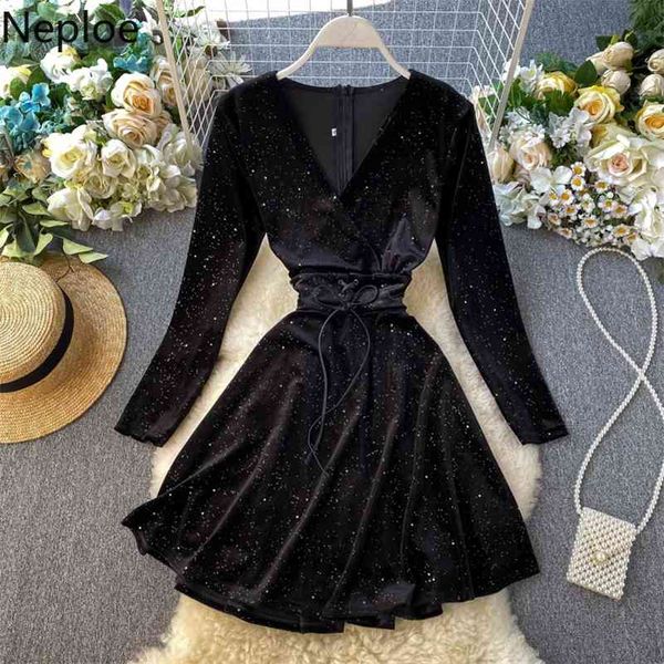 

neploe spring autumn new elegant retro velet dress party high waist hip a line vestido long sleeve lace black ropa 94584 210422, Black;gray