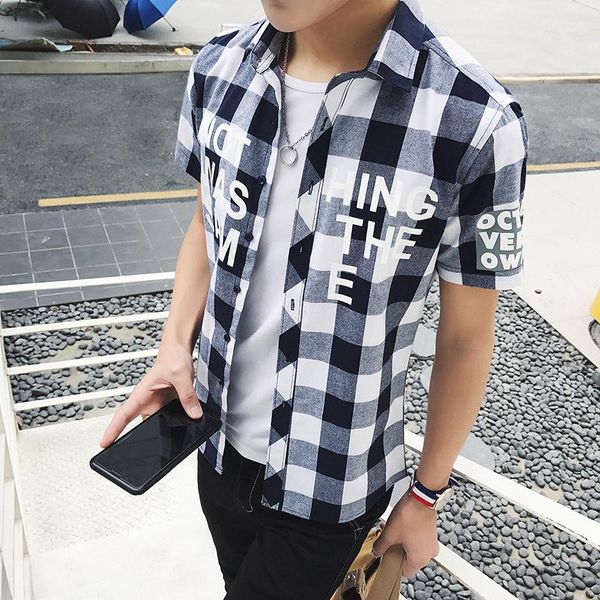 

summer men's short sleeve shirt printed plaid casual shirts, White;black