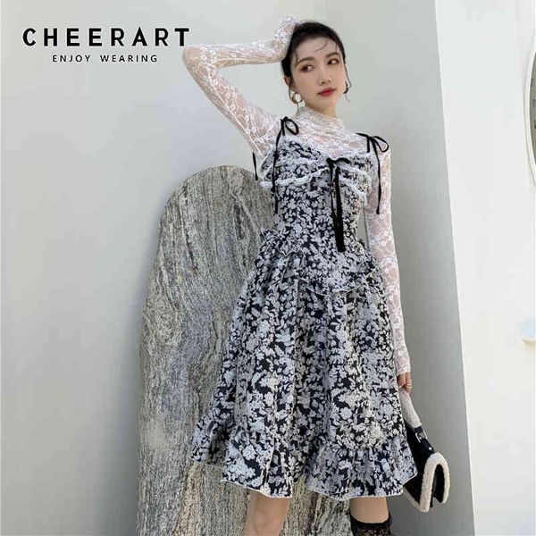 

jacquard floral spaghetti strap backless dress spring summer lace a line tunic ladies cami korean style 210427, Black;gray