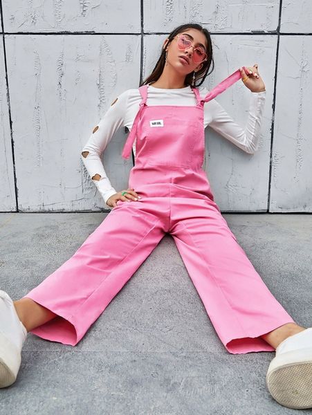 

letter patched pocket knot front overall jumpsuit b7nf#, White