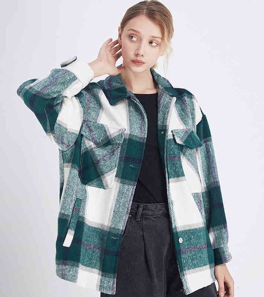

pockets stylish plaid vintage oversized jacket shirts coat women fashion lapel collar long sleeve loose outerwear chic, White
