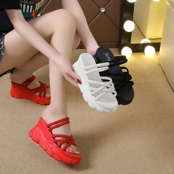 

slippers casual increased internal female shoes on a wedge women heels platform slides flock luxury 2021 soft high scandals rome, Black