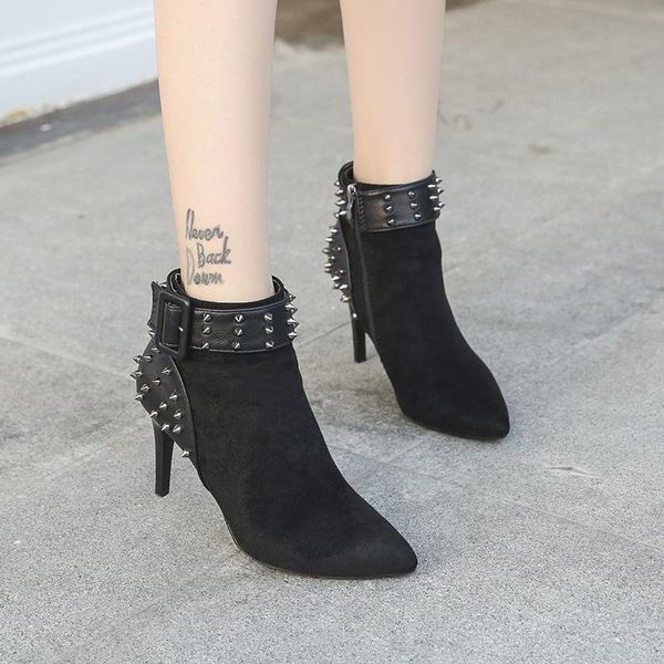 

boots autumn and winter women's shoes suede rivet factory sale 2021 buckle thin heel high shoes, one, Black