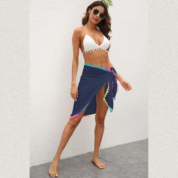 

women's swimwear women bikini cover up beach sarong rainbow pompom trim tie wrap skirt dropship, White;black