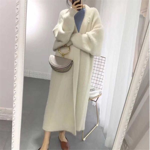 

zawfl autumn winter korean boutique mink cashmere cardigan sweater female long coat 210603, White