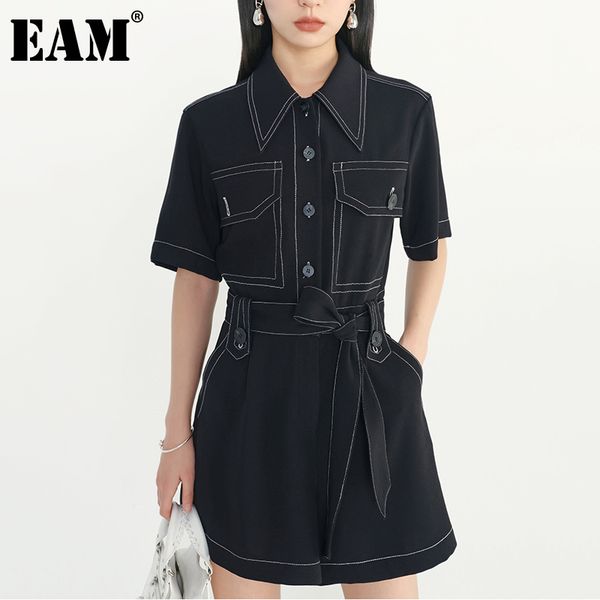 

[eam] loose fit women black bandage pocket rompers high waist pocket stitch pants fashion spring summer 1dd5996 210512, Black;white