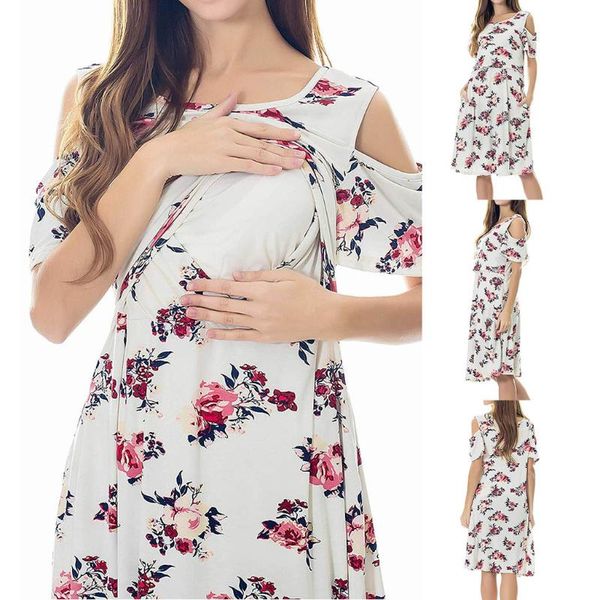 

women pregnant maternity nursing solid breastfeeding summer dress comfortable clothes dresses, White