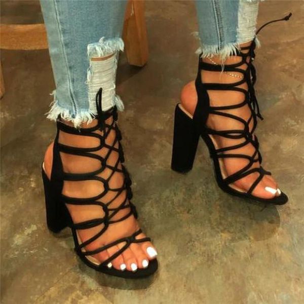

dress shoes women's sandals women lace-up high heel thick bottom casual summer open toe female, Black