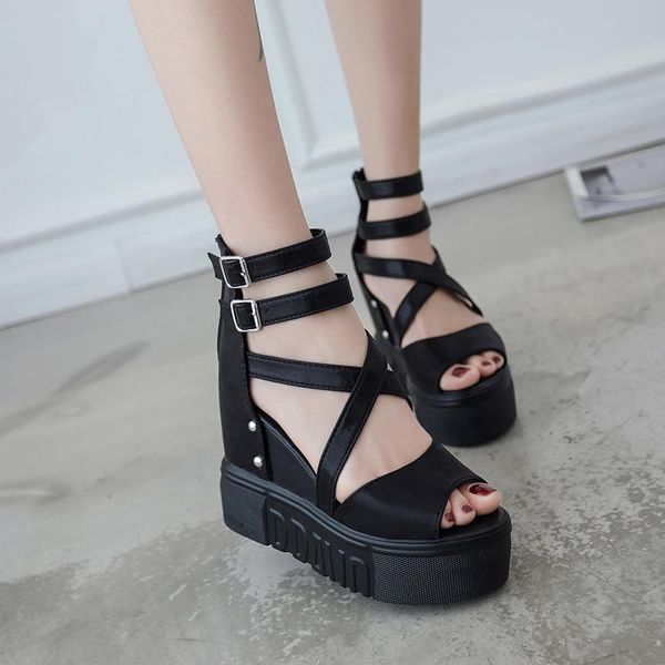

dress shoes summer cross dewy toe women sandals sponge base platform height with the roman white female, Black