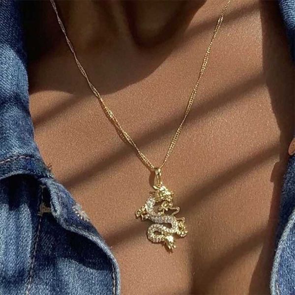 Collana con pendente a forma di drago di cristallo cinese a catena d'oro per donna Trendy Punk CZ Gioielli hip-hop da uomo Catene simbolo fortunato