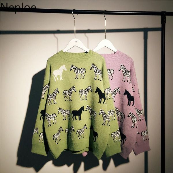 

neploe 2021 autumn winter women sweater korean cartoon jacquard knitted pullovers long sleeve o-neck causal pull femme 4d766 women's sw, White;black