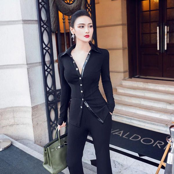 

women's two piece pants 2021 spring autumn women pieces sets long sleeve shirt +long flare trousers office lady 2 suits, White