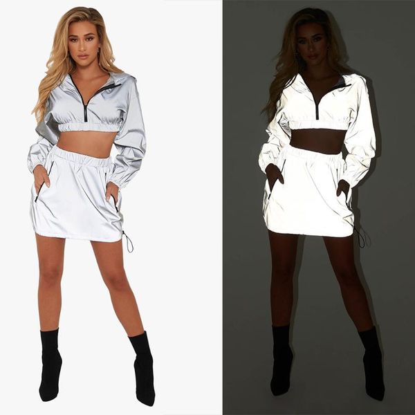 

women's two piece pants solid reflective women set casual long sleeve o neck with cap crop mini skirts night club suit female, White