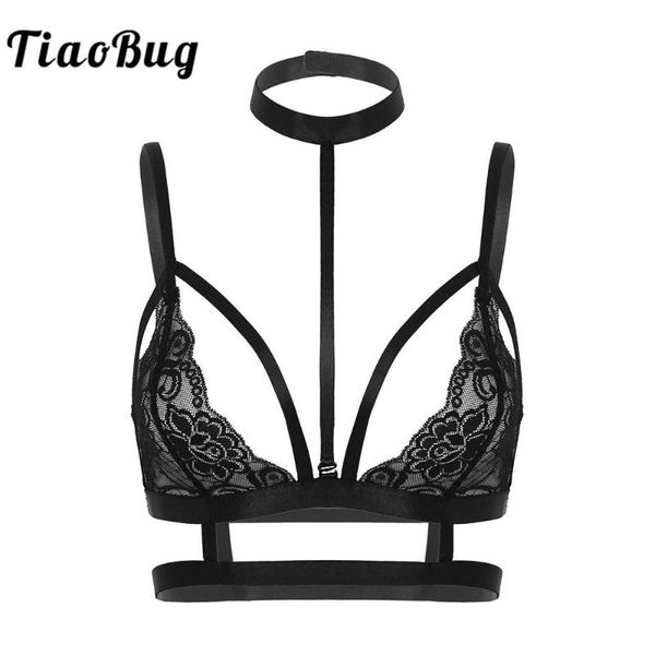 

bras women lingerie halter adjustable spaghetti straps see through sheer black floral lace bra wire-bralette nightwear, Red;black