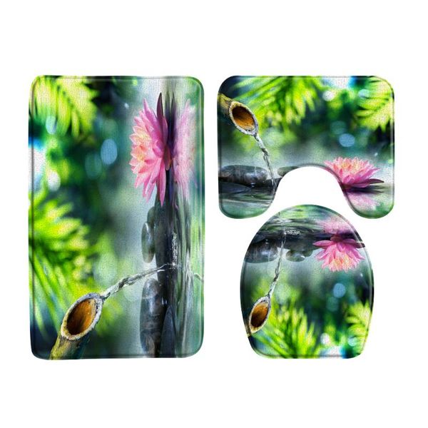 

bath mats 3pcs set zen pink lotus bathroom non-slip green bamboo creek stone spa kitchen bedroom carpet toilet seat cover rugs