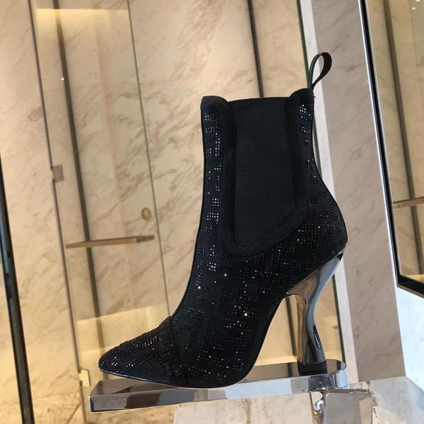 

high-quality motorcycle womens boots, new style leather, half section, tube british short fabric, fashion shoes, spiral high heels, pointed, Black