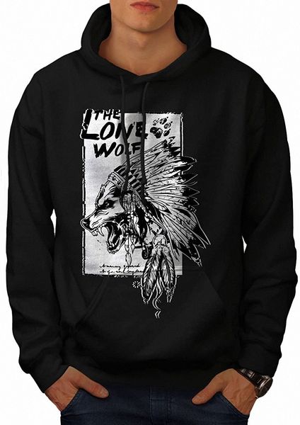 

wellcoda the lone wolf indian mens hoodie, wild hooded sweatshirt q3tk#, Black