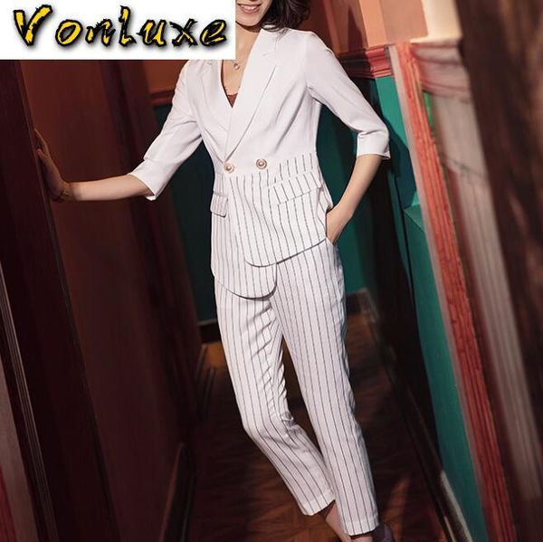 

suits for women office ladies wear business formal work three quarter blazer pants set fashion striped spring summer women's two piece, White