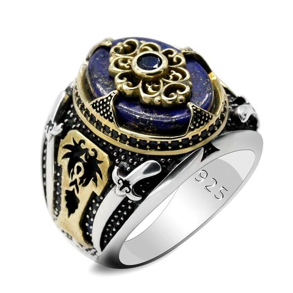 

cluster rings natural print lapis lazuli 925 silver men's middle east machete coconut tree retro turkish ring jewelry, Golden;silver
