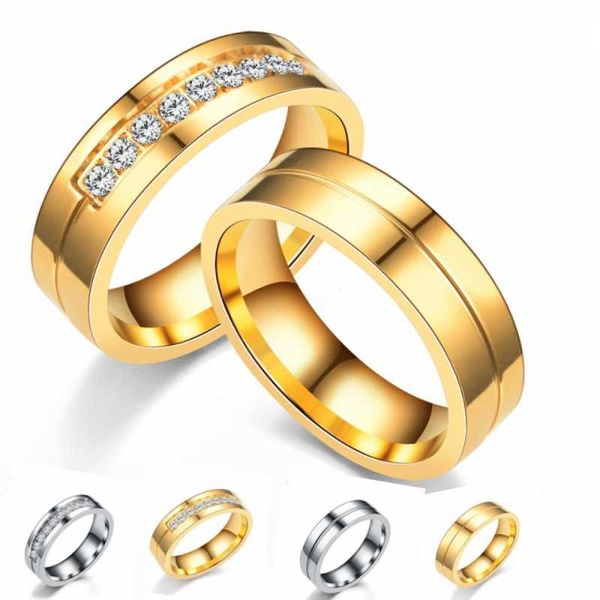 

wedding rings trendy stainless steel groove for men inlay cubic zirconia women couple engagement band anniversary gift, Slivery;golden