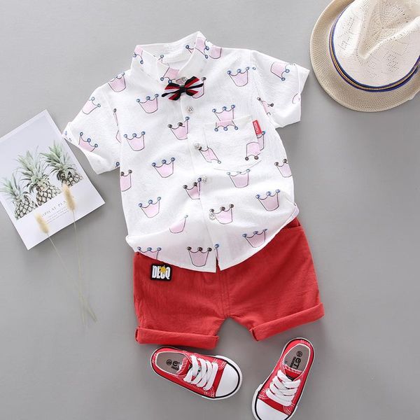 

boys fashion clothing sets summer gentleman suits kids girls full print crown tie shirt+shorts 2pcs infant, White