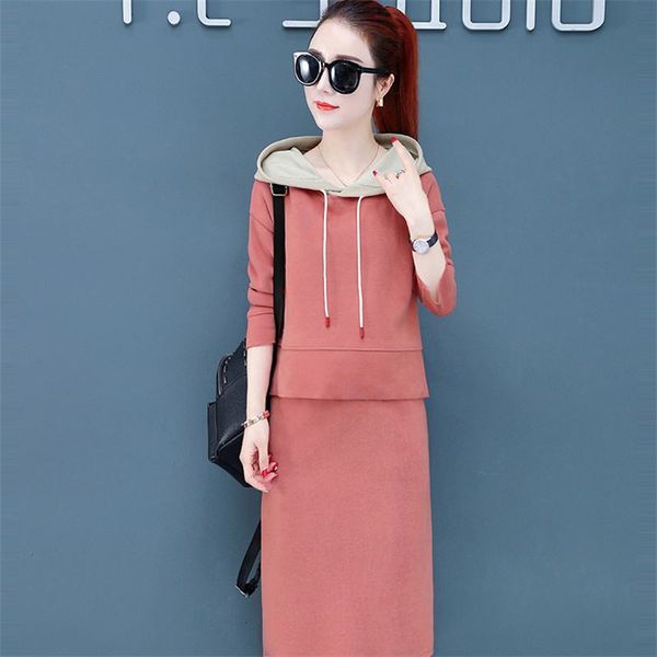 

2021 new women autumn winter casual suit oversize tracksuit female hooded pullover sweater + knitted skirt two piece set k2448j0g, Black;gray