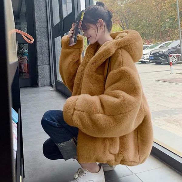 

women's fur & faux autumn winter loose warm coat women female hooded plush, Black