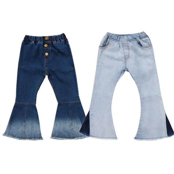 

jeans 2021 toddler infant child kids baby girls denim bell-bottom long pants hit color wide leg trousers 2-7t, Blue