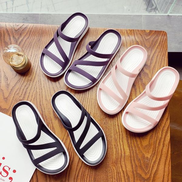 

slippers flat shoes female womens outdoor pantofle low cross-tied slides 2021 soft summer massage rubber concise pvc fabric narr, Black