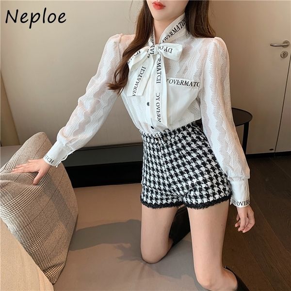 

neploe work style ol slim blouse women turn down collar lace up bow design elegant blusas long sleeve single breast shirt 2021 210317, White