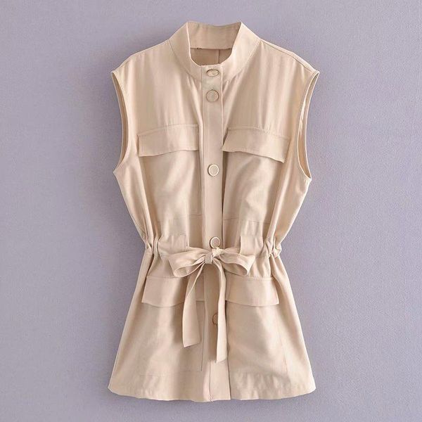 

women's vests chic safari style simple solid sleeveless jacket side pockets belt sashes design vest autumn 2021 single breasted waistco, Black;white