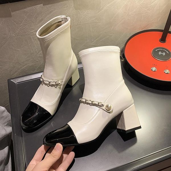 

boots 2021 winter women's ankle ladies warm sweet wedding party pumps women zipper chain round toe thick heel short, Black